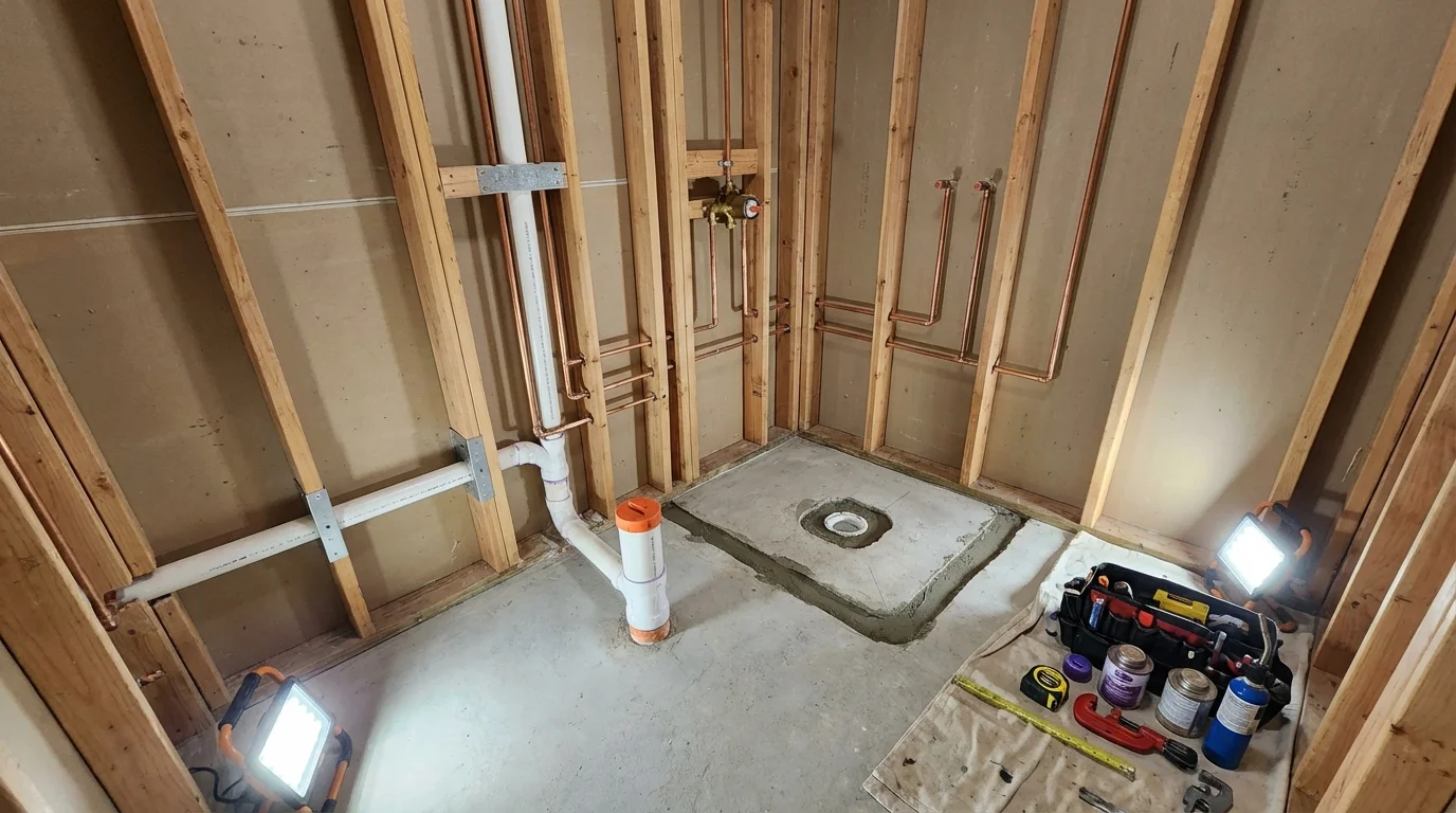 Bathroom rough-in plumbing during remodel by Johns Plumbing LLC in Melrose Park