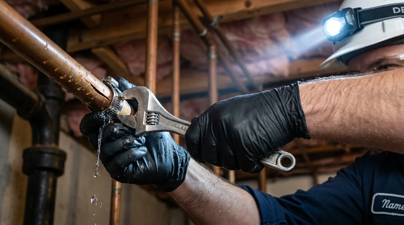 Emergency pipe clamp repair being performed by a Johns Plumbing LLC plumber in Melrose Park