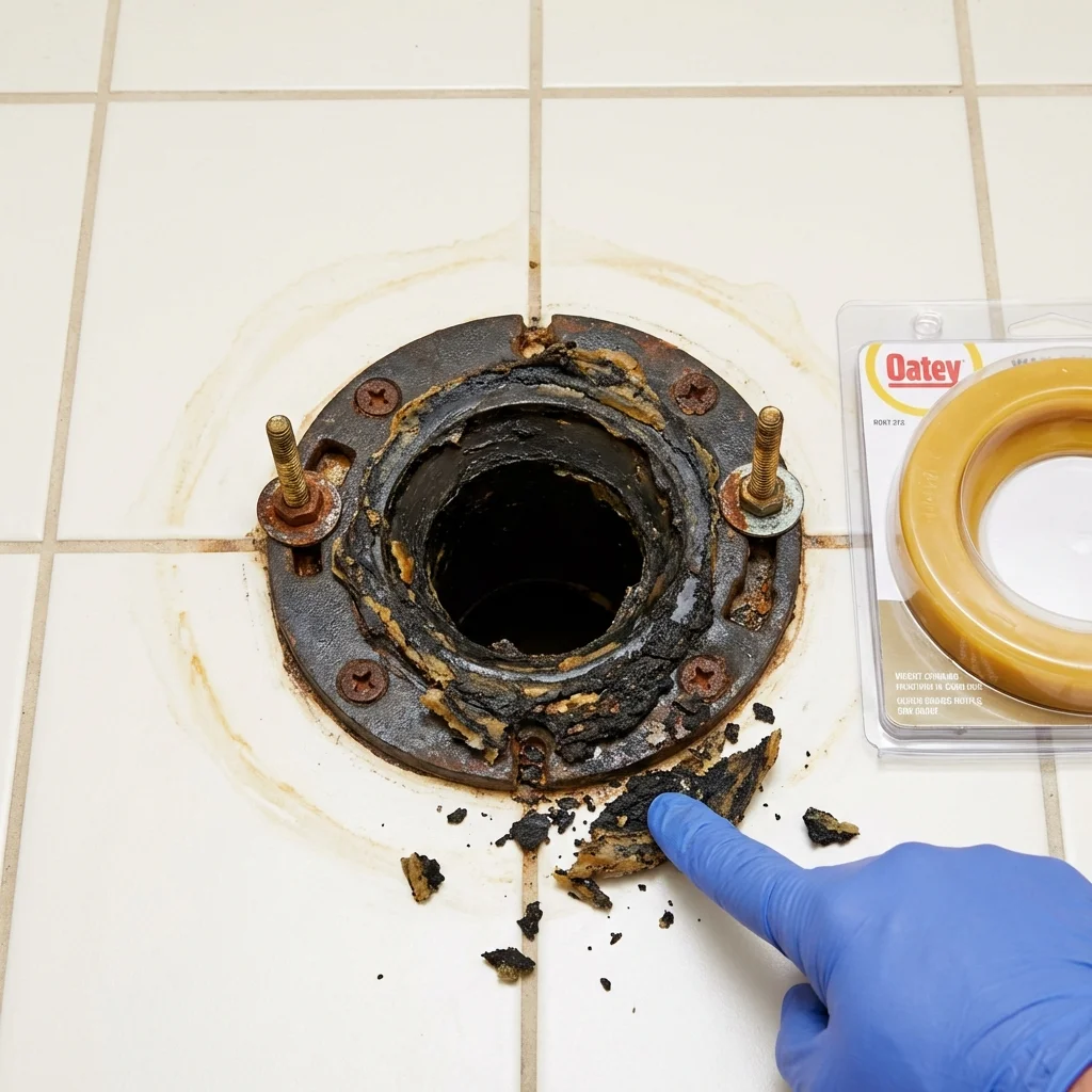 Failed wax ring showing water seepage at the base of a toilet in a Melrose Park, IL home