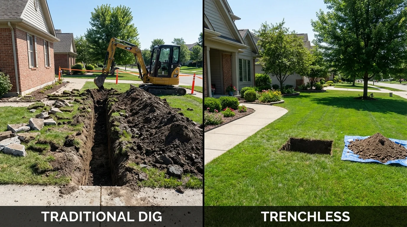 Trenchless sewer repair with minimal yard damage versus traditional excavation in Melrose Park, IL
