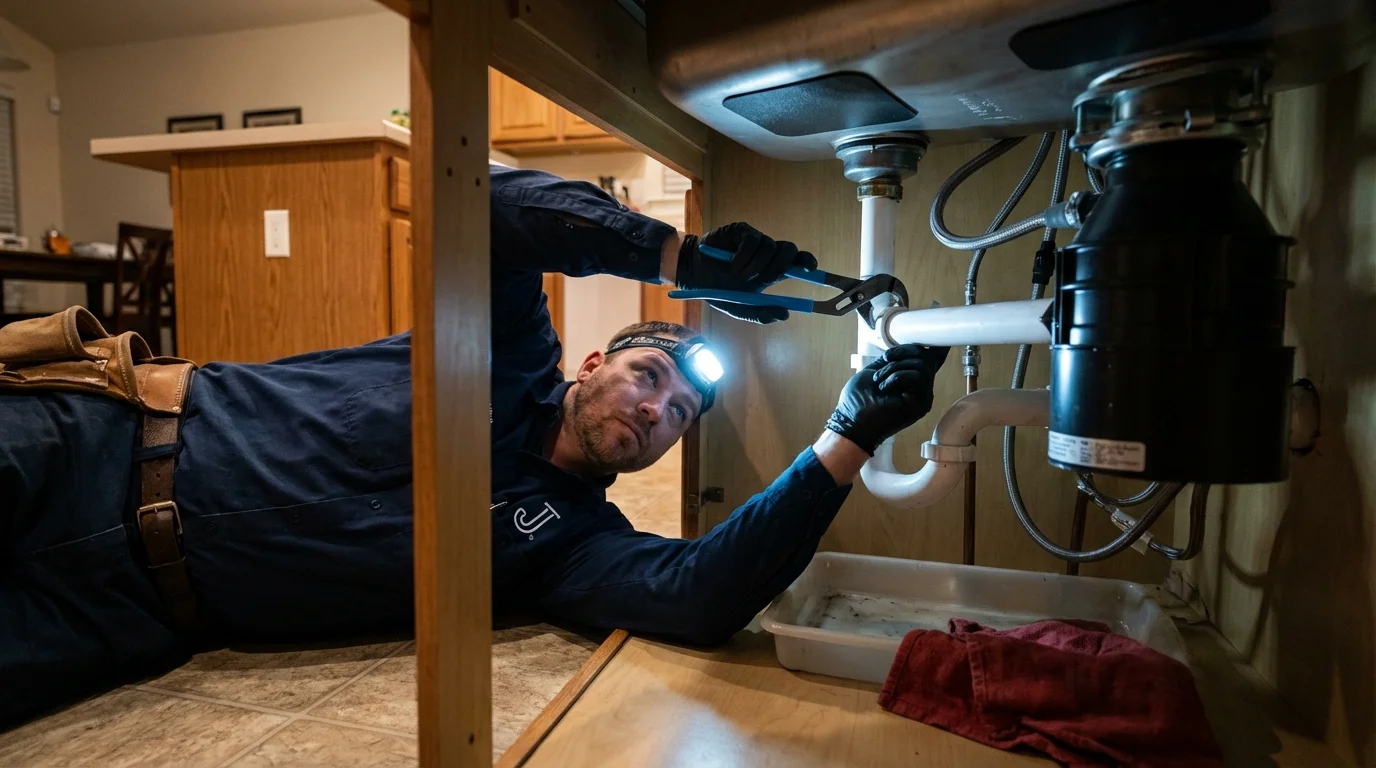 P-trap and supply line connections under a kitchen sink showing a common leak point in Melrose Park, IL